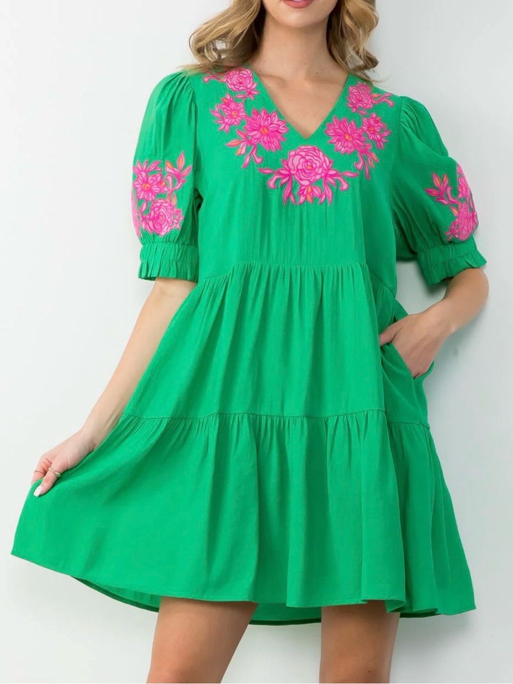 THML Isabella Green Floral Embroidered V-Neck Tiered Dress
